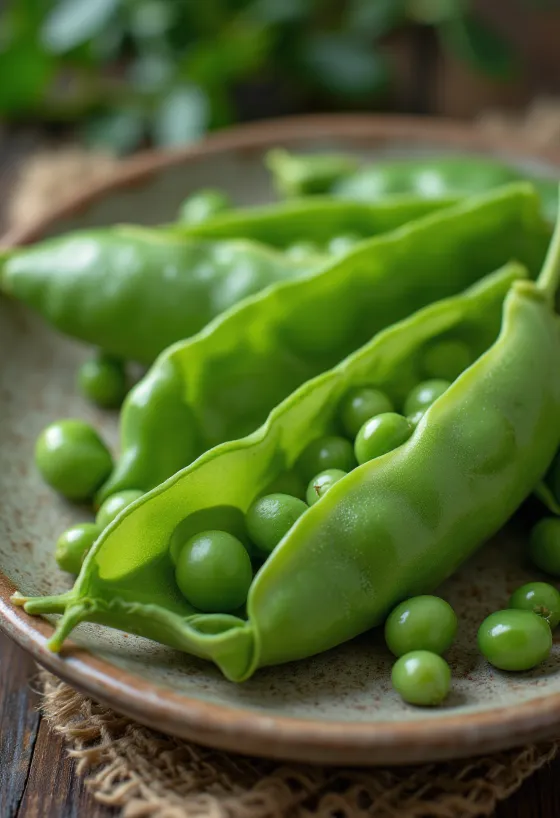 Păstăi proaspete de mazăre mangetout, boabele vizibile prin coajă, fundal rustic