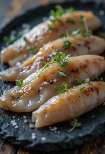 Fileuri proaspete de anșoa (hamsie) cu condimente și lămâie pe tocător