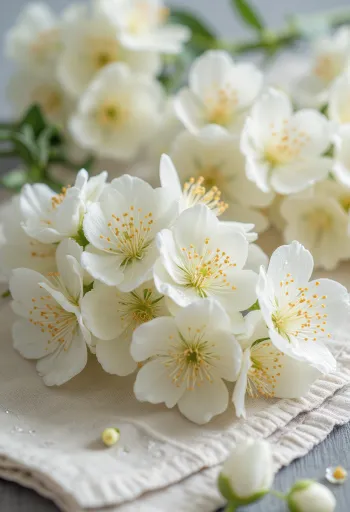 Flori proaspete de salcâm servite ca flori comestibile pe o farfurie albă