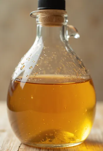 Oțet de mere în bol de sticlă, înconjurat de mere proaspete, felii de mere, coajă și sticlă cu „mama oțetului”