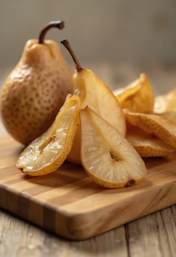 Felii de pere uscate în bol, cu pere proaspete, nuci și scorțișoară