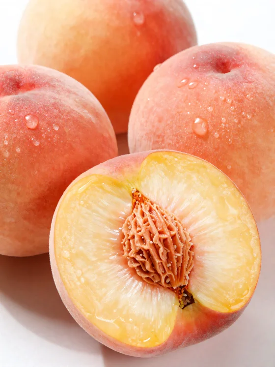 Piersici întregi și feliate pe masă de lemn, lângă un pahar cu suc de piersici