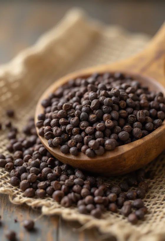 boabe de muștar brun uscate condiment pe suprafață de lemn