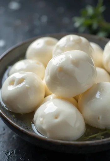 Mozzarella proaspătă de bivoliță în bol de ceramică albă, pe masă de lemn