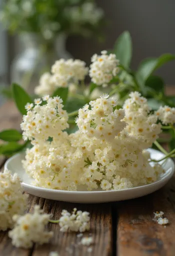 Inflorescență proaspătă de soc pe farfurie albă, pregătită pentru utilizare