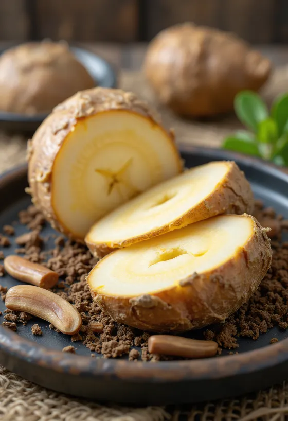 Rădăcină de brusture (Gobo) proaspătă, întreagă și feliată