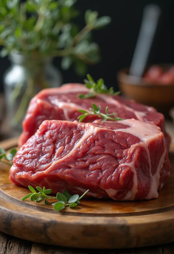 Tăieturi de steak de bizon crud cu condimente pe tocător de lemn