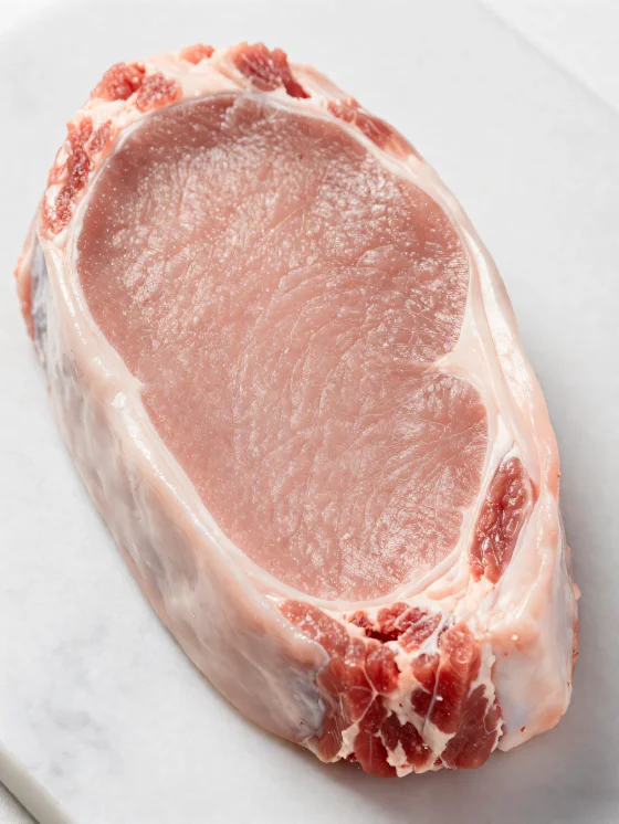 Bucăți proaspete de carne de vițel de culoare deschisă cu condimente pe tocător