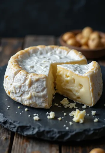 Branza Brie proaspătă în bol de ceramică alb pe masă de lemn