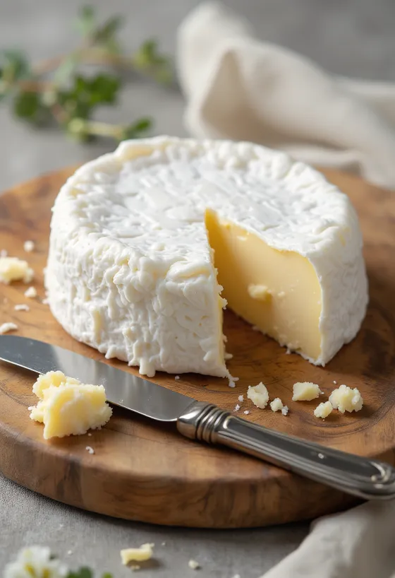 Brânză Brie feliată pe tocător de lemn, cu interior cremos