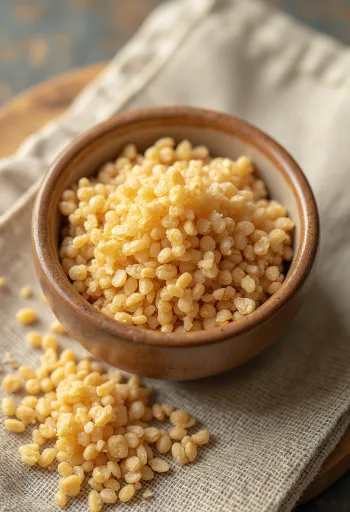 Bulgur crud în bol ceramic, cu boabe risipite pe suprafață de lemn