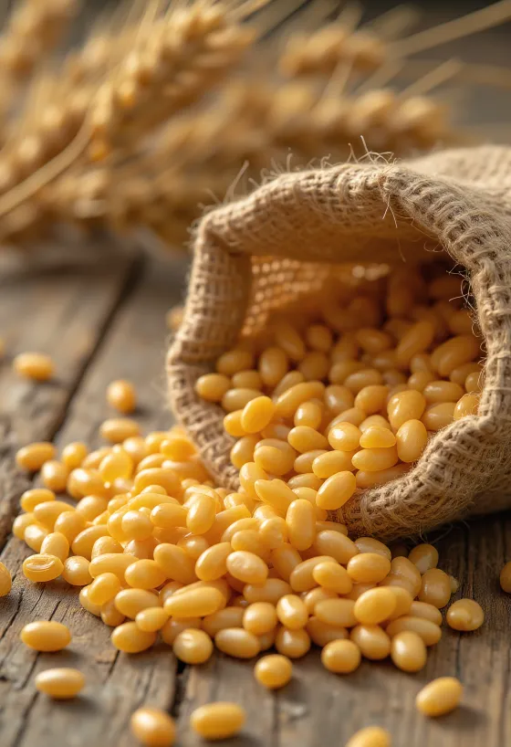 Boabe de grâu curățate în sac și presărate pe suprafață de lemn