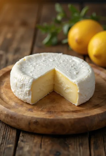 Brânză Camembert proaspătă în bol ceramic pe masă de lemn