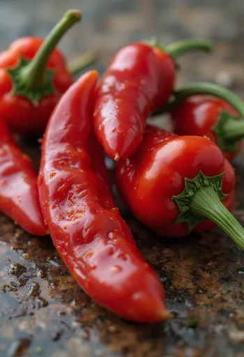 Ardei chili roșii proaspeți, întregi și feliați, pe un tocător de lemn