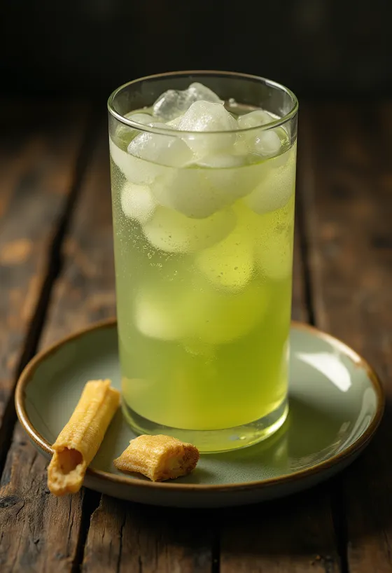 Suc proaspăt de trestie de zahăr în pahar, lângă bucăți tăiate de trestie