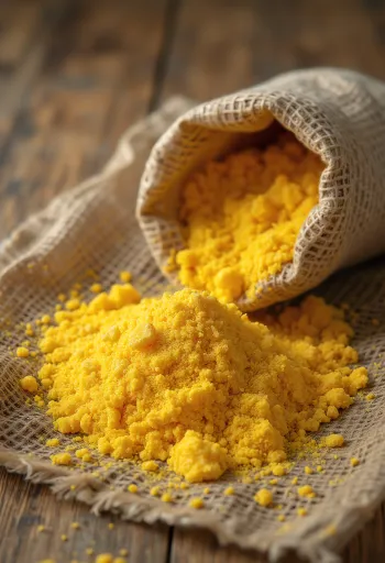 Mălai grișat auriu (polenta) în bol de lemn și presărat pe suprafață