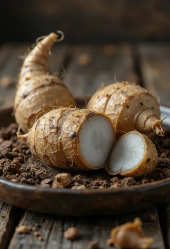 Rădăcini de Eddoe (Taro mic) cu coajă maronie și texturată