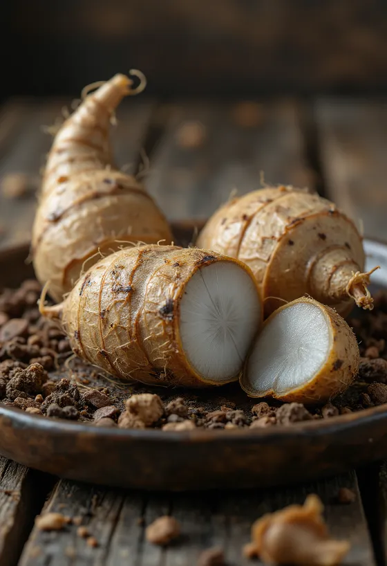 Rădăcini de Eddoe (Taro mic) cu coajă maronie și texturată