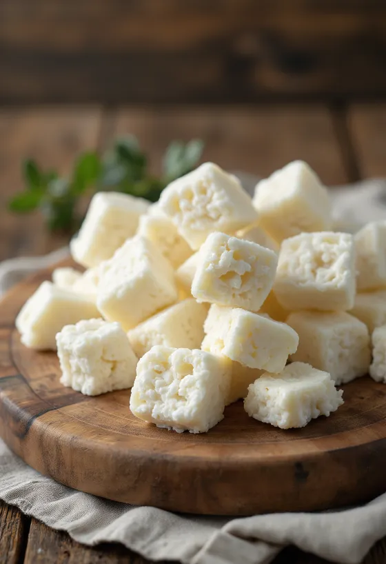 Urdă dulce proaspătă cu textură granuloasă în bol alb de ceramică