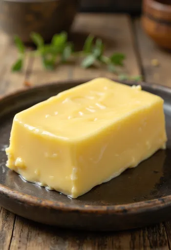 Unt cremos din smântână dulce în vas mic, pe suprafață rustică