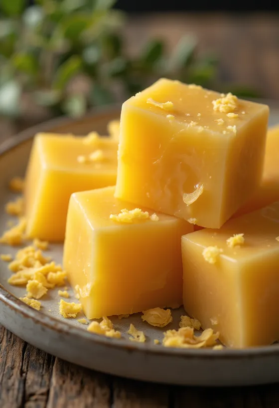 Ceară de albine alimentară sub formă de bloc și răzuită pe suprafață de lemn