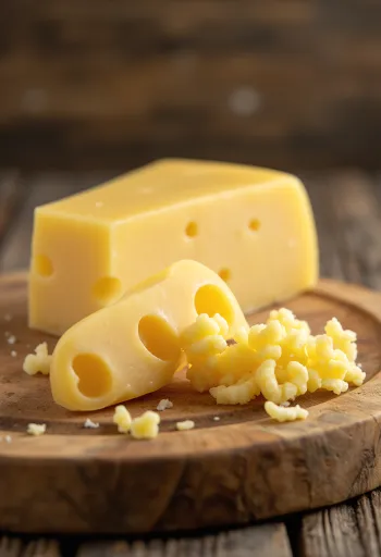 Brânză Emmentaler felii cu găuri în bol ceramic
