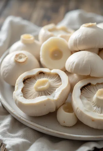 Ciuperci Champignon albe feliate și curățate pe tocător de lemn