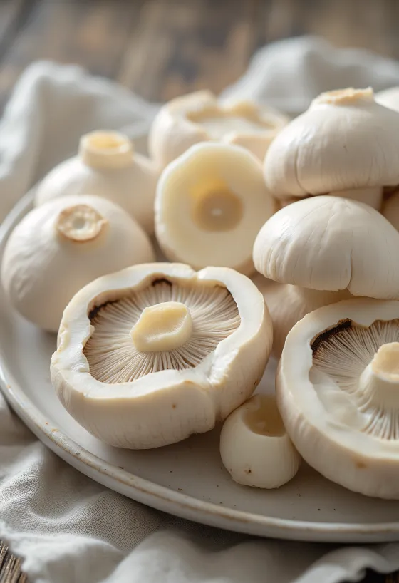 Ciuperci Champignon albe feliate și curățate pe tocător de lemn