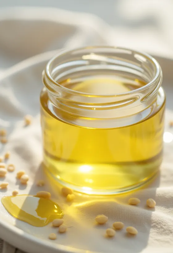 Ulei de susan alb în sticlă și bol mic, lângă semințe de susan