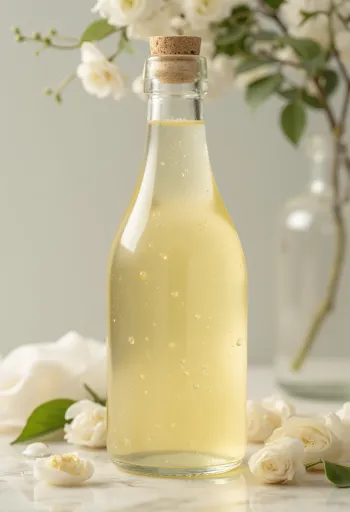 Oțet de vin alb în bol de sticlă, alături de struguri albi și must