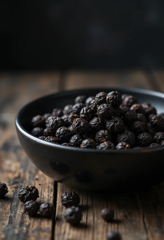 Piper negru boabe în bol de lemn și împrăștiat