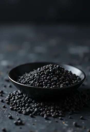 boabe de muștar negru întregi pe suprafață de lemn în bol mic