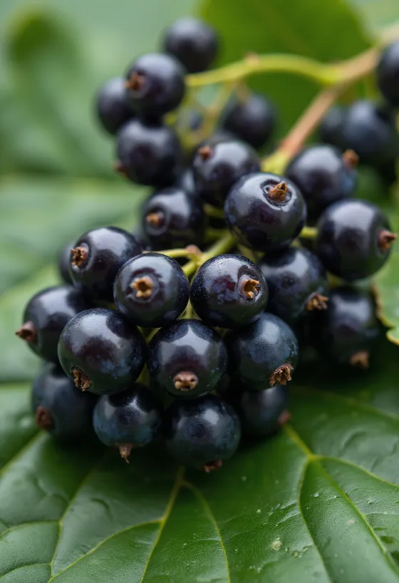 Coacăze negre proaspete în bol și pe masă, alături de dulceață de casă și frunze verzi