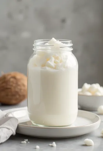 Ulei de cocos rafinat solid în bol, lângă cocos ras