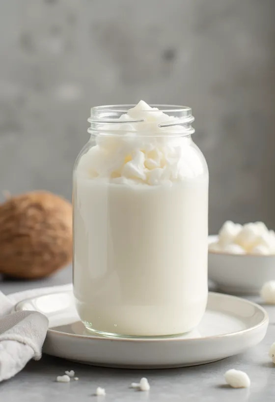 Ulei de cocos rafinat solid în bol, lângă cocos ras