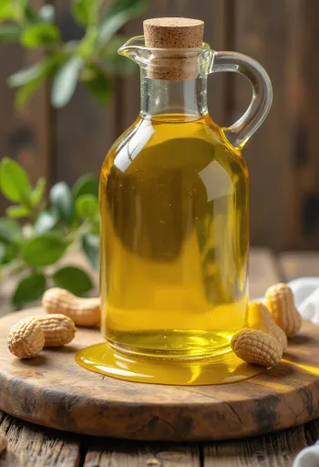 Ulei de arahide în sticlă, servit cu arahide decorticate