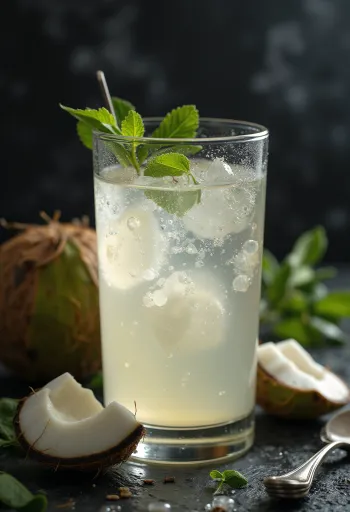 Apă de cocos proaspătă în pahar, lângă o coajă de cocos