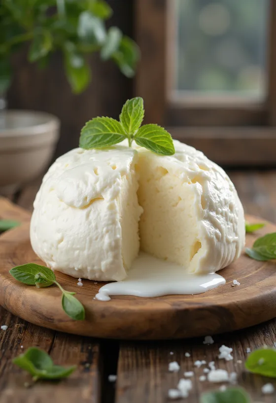 Mozzarella proaspătă din lapte de vacă în bol de ceramică, pe masă de lemn