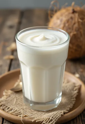 Lapte de cocos proaspăt în bol, alb și cremos