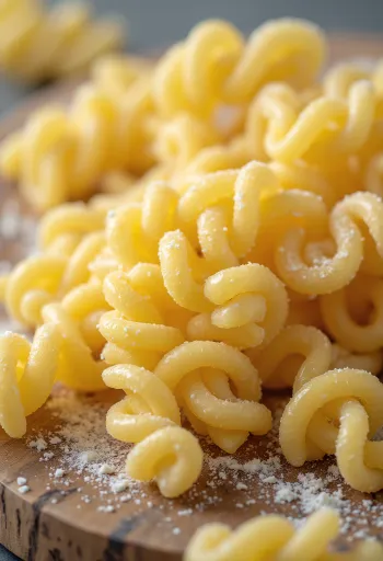 Paste fusilli uscate în formă de spirală pe fundal de lemn