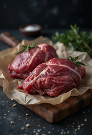 Bucăți proaspete de carne de porumbel cu condimente, salvie și usturoi pe tocător