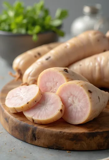 Rădăcină de galangal feliată și tocată în bol, pe lemn