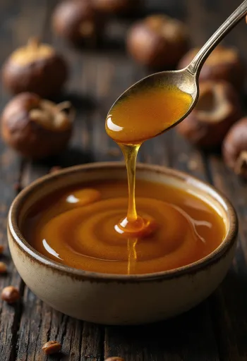 Miere de castan de culoare închisă în borcan, cu lingură de miere și flori