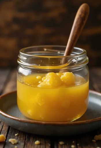 Ghee unt clarifiat auriu în borcan și lingură