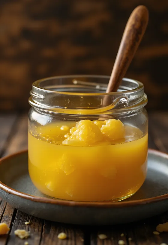 Ghee unt clarifiat auriu în borcan și lingură