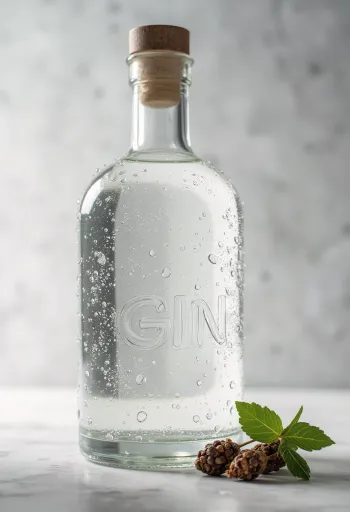 Sticlă de gin și pahar cu gheață, boabe de ienupăr și condimente