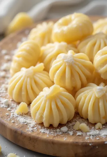 Gnocchi cruzi pe o suprafață de lemn presărată cu făină