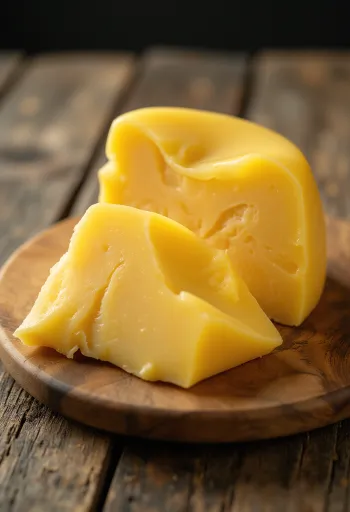 Brânză Gouda roată și felii pe masă de lemn