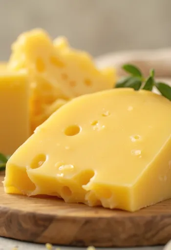 Brânză Gouda feliată pe un tocător de lemn, cu cuțit de brânză