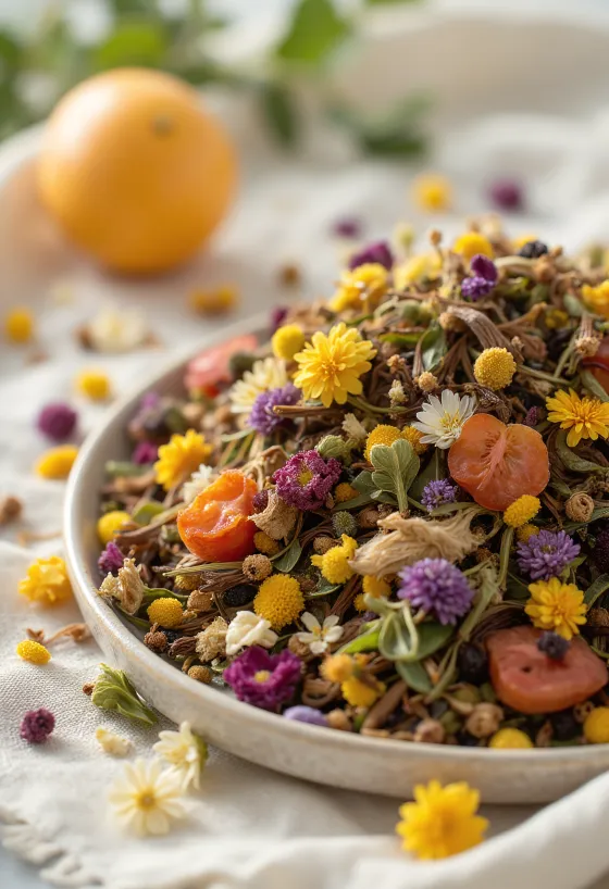 Amestec de plante medicinale uscate în bol și pe lingură de lemn